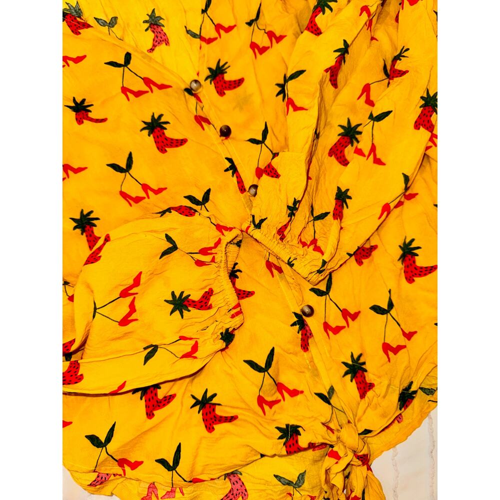Anthropologie Button Down Front Tie Blouse Yellow Women’s 2 Festival Boho Fruit - Picture 15 of 16